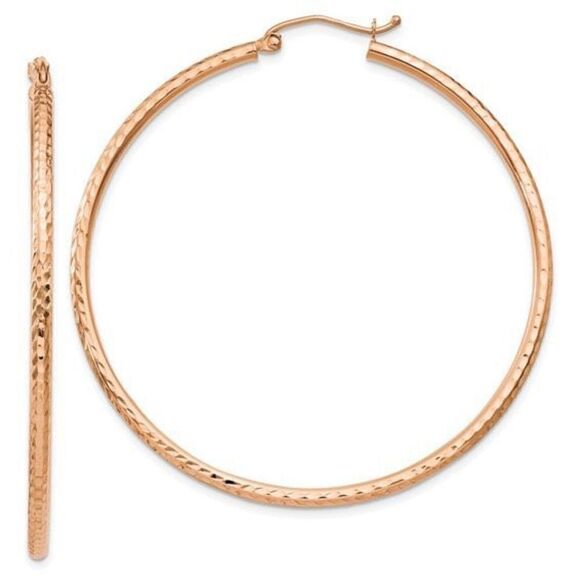 14k Rose Gold Diamond-Cut Hoop Earrings 2mm - Picture 1 of 3